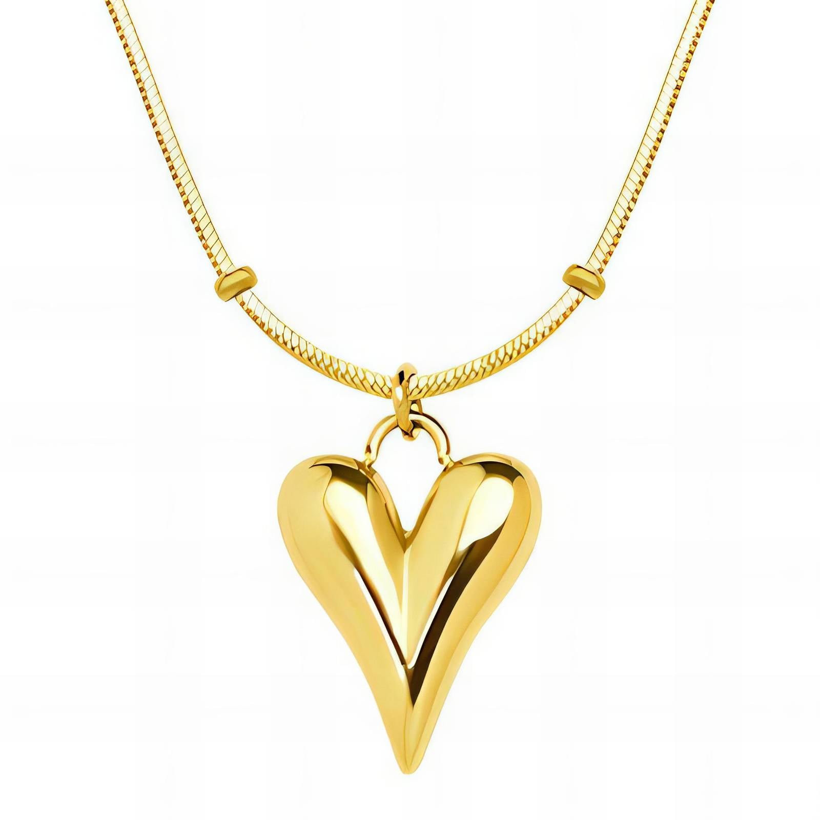 An 18k gold-plated stainless steel necklace with a heart-shaped pendant, smooth polished surface, and a snake chain design.